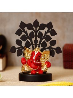 eCraftIndia - Gold Plated Red Kaan Ganesha Showpiece with Wooden Tree