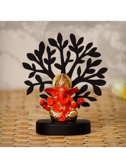 eCraftIndia - Gold Plated Orange Mukut Ganesha Showpiece with Wooden Tree
