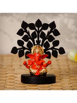 eCraftIndia - Gold Plated Orange Mukut Ganesha Showpiece with Wooden Tree