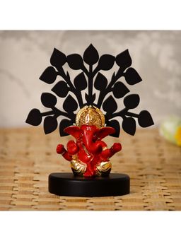 eCraftIndia - Gold Plated Red Mukut Ganesha Showpiece with Wooden Tree