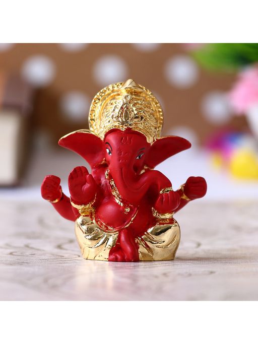 eCraftIndia Gold Plated Red Polyresin Lord Ganesha Idol