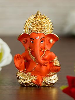 eCraftIndia - Golden and Orange Polyresin Lord Ganesha Idol