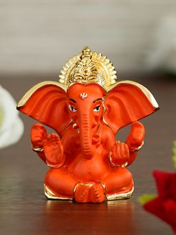 eCraftIndia - Golden and Orange Polyresin Lord Ganesha Idol