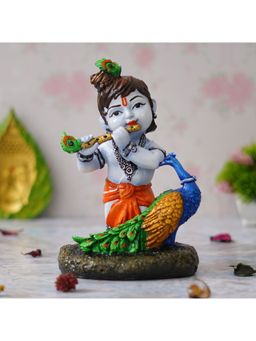 eCraftIndia - Baby Krishna Idol Playing Flute with A Peacock Statue
