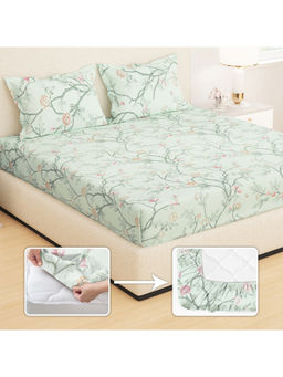 Story@Home - Green 210 TC Fitted Bedsheet with 2 Pillow Covers (Queen)