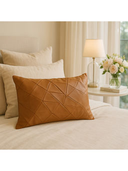 THROW PILLOW - Brown Faux Leather Geometric Pleated Rectangle Cushion Cover
