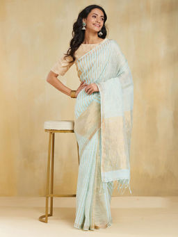 Fabindia - Turquoise Linen Hand Woven Saree without Blouse