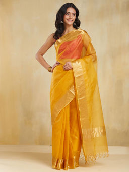 Fabindia - Yellow Silk Blend Saree without Blouse