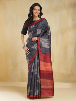 Fabindia - Black Silk Hand Block Printed Saree without Blouse