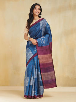 Fabindia - Blue Silk Hand Block Printed Saree without Blouse