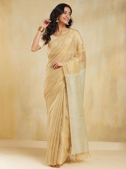 Fabindia - Yellow Cotton Hand Woven Saree without Blouse