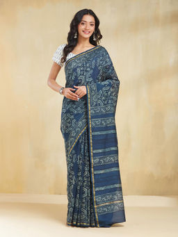Fabindia - Blue Cotton Silk Blend Dabu Printed Saree without Blouse