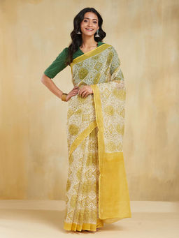 Fabindia - Yellow Natural Cotton Silk Hand Block Printed Saree without Blouse
