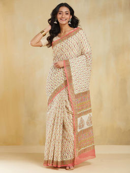 Fabindia - Beige Natural Cotton Silk Hand Block Printed Saree without Blouse