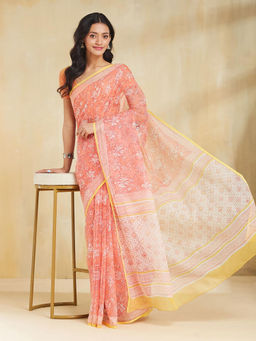 Fabindia - Pink Cotton Silk Hand Block Printed Saree without Blouse