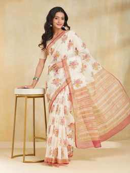 Fabindia - White Cotton Silk Hand Block Printed Saree without Blouse