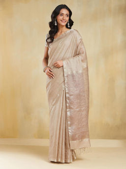 Fabindia - Beige Cotton Silk Hand Woven Saree without Blouse