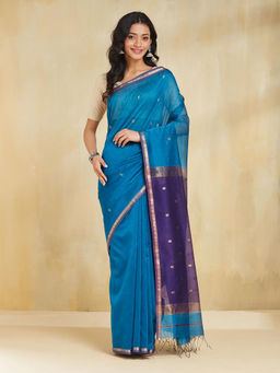 Fabindia - Blue Cotton Silk Blend Maheshwari Saree without Blouse