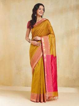 Fabindia - Mustard Cotton Silk Blend Maheshwari Saree without Blouse
