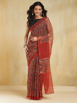 Fabindia - Red Cotton Silk Bagru Printed Saree without Blouse