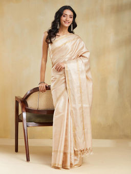 Fabindia - Beige Silk Blend Saree without Blouse
