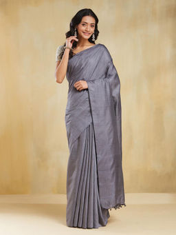 Fabindia - Grey Silk Blend Saree without Blouse