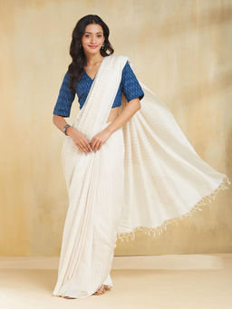 Fabindia - Off White Natural Silk Blend Saree without Blouse