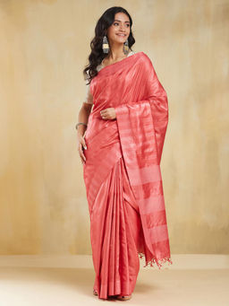 Fabindia - Red Silk Blend Saree without Blouse