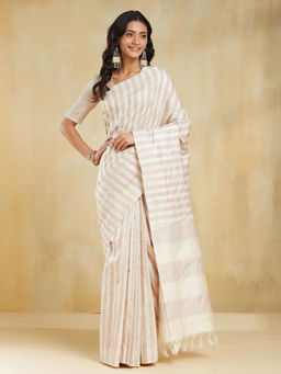Fabindia - Off White Natural Silk Blend Saree without Blouse
