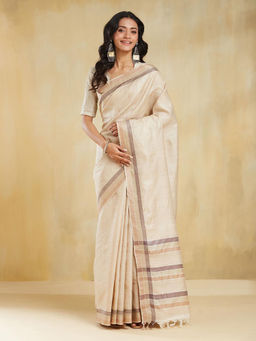 Fabindia - Beige Silk Blend Saree without Blouse