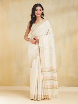 Fabindia - Natural Silk Blend Beige Saree without Blouse