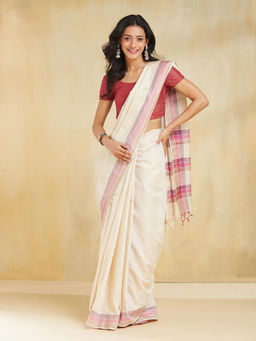 Fabindia - Beige Natural Silk Blend Saree without Blouse