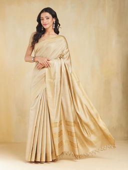 Fabindia - Beige Silk Blend Saree without Blouse