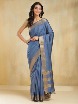 Fabindia - Navy Blue Silk Blend Saree without Blouse