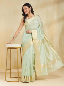 Fabindia - Green Cotton Silk Blend Maheshwari Saree without Blouse