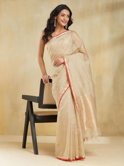 Fabindia - Beige Cut Dana Zigzag Saree without Blouse