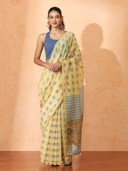Jaipur Kurti - Yellow Floral Chanderi Cotton Saree with Unstitched Blouse with Unstitched