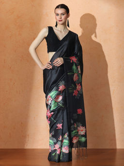 Jaipur Kurti - Black Floral Tussar Silk Saree with Unstitched Blouse with Unstitched