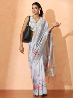 Jaipur Kurti - Grey Floral Tussar Silk Saree with Unstitched Blouse with Unstitched