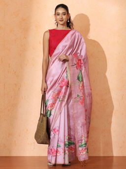 Jaipur Kurti - Pink Floral Tussar Silk Saree with Unstitched Blouse with Unstitched