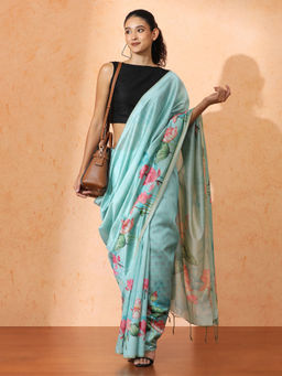Jaipur Kurti - Blue Floral Tussar Silk Saree with Unstitched Blouse with Unstitched