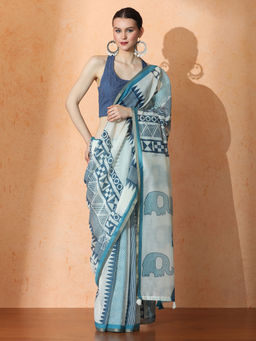 Jaipur Kurti - Multi-Color Geometric Chanderi Cotton Saree with Unstitched Blouse with Unstitched