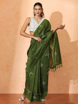 Jaipur Kurti - Green Floral Muslin Cotton Saree with Unstitched Blouse with Unstitched
