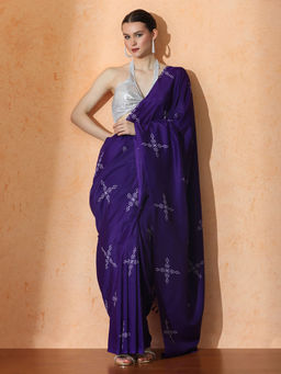 Jaipur Kurti - Purple Floral Muslin Cotton Saree with Unstitched Blouse with Unstitched