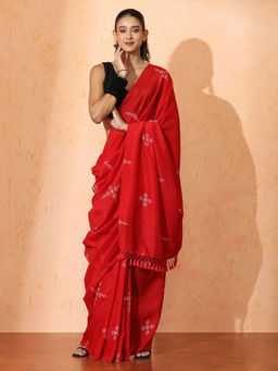 Jaipur Kurti - Red Floral Muslin Cotton Saree with Unstitched Blouse with Unstitched