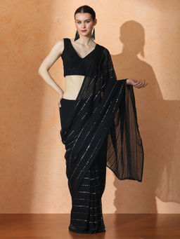 Jaipur Kurti - Black Embellished Premium Georgette Saree with Unstitched Blouse with Unstitched