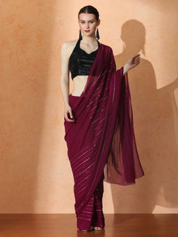 Jaipur Kurti - Maroon Embellished Premium Georgette Saree with Unstitched Blouse with Unstitched