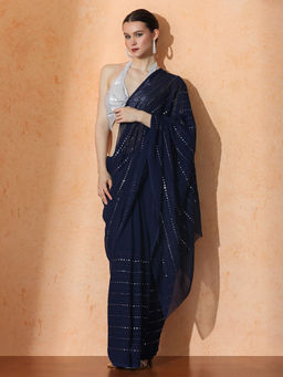 Jaipur Kurti - Navy Blue Embellished Premium Georgette Saree with Unstitched Blouse with Unstitched