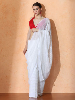 Jaipur Kurti - White Embellished Premium Georgette Saree with Unstitched Blouse with Unstitched