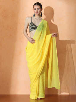 Jaipur Kurti - Yellow Embellished Premium Georgette Saree with Unstitched Blouse with Unstitched